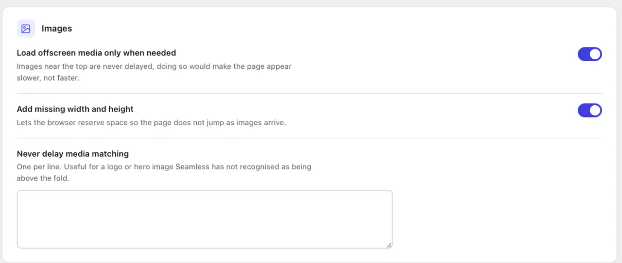 The media tab: switches for loading offscreen media only when needed and for adding missing width and height attributes, plus a field for media that should never be delayed.