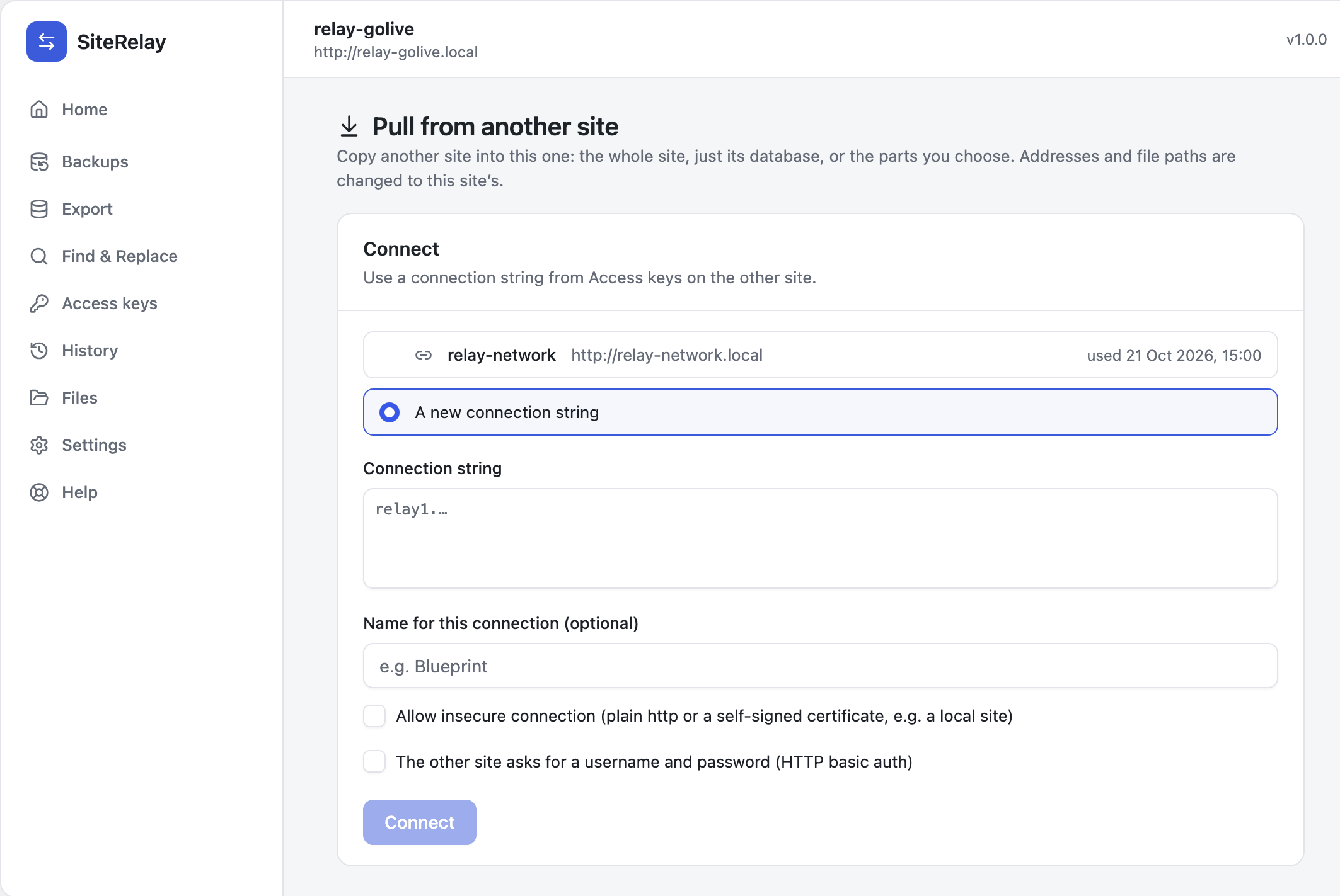 Pull from another site: connect with a saved connection or a new string