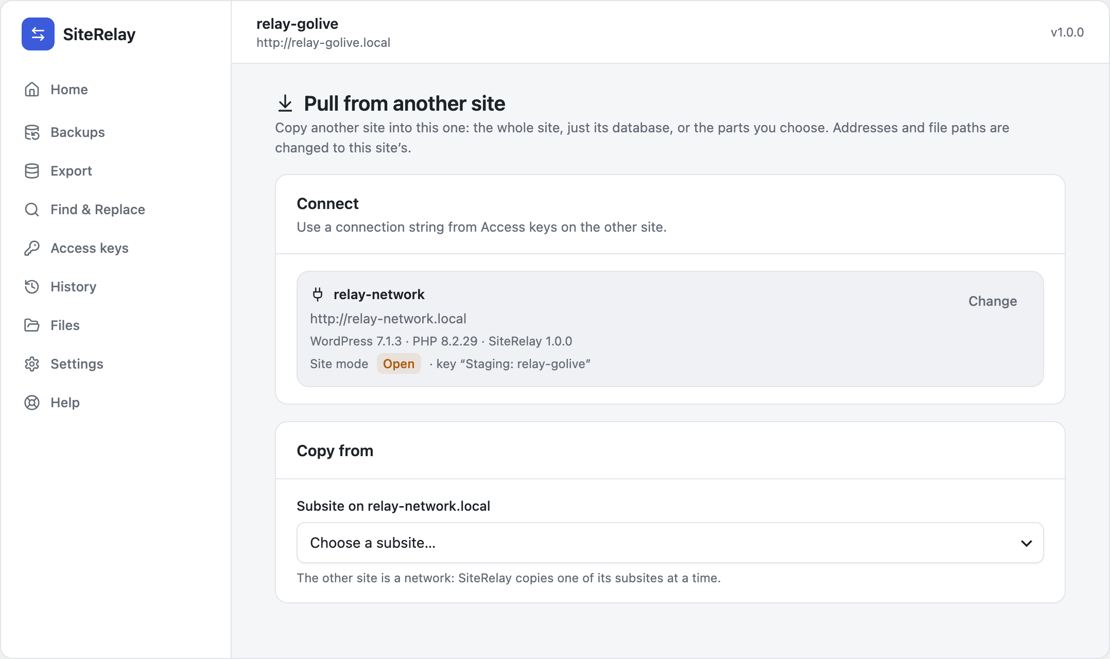 Pulling from a network: choose one of its subsites