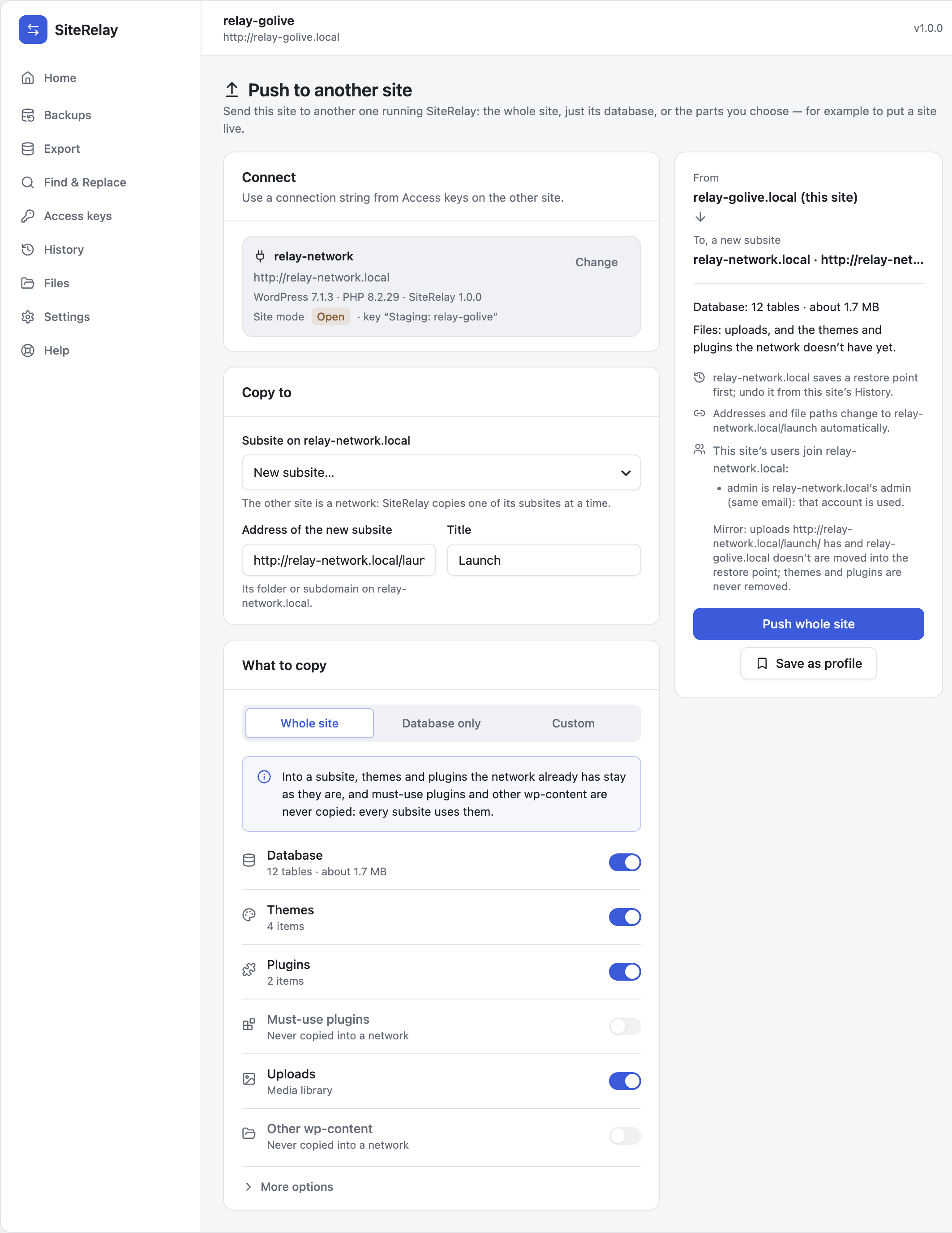 Pushing into a network: a new subsite at relay-network.local/launch/