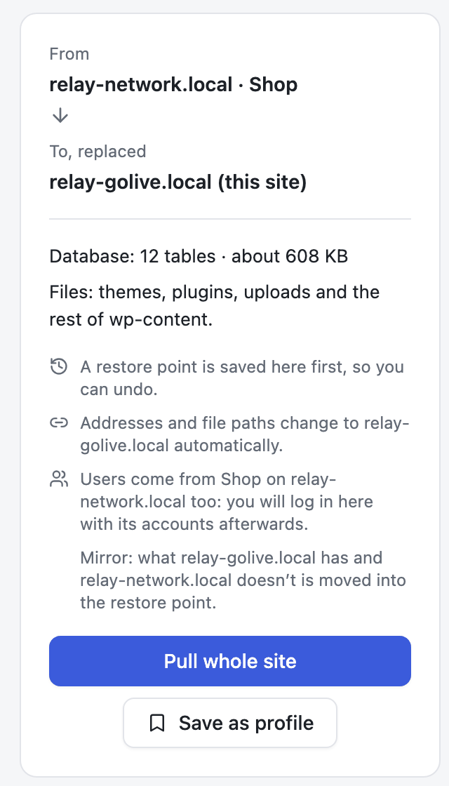 The summary: from relay-network.local, to this site, what is copied, that a restore point is saved first, that addresses change, and whose users come along.